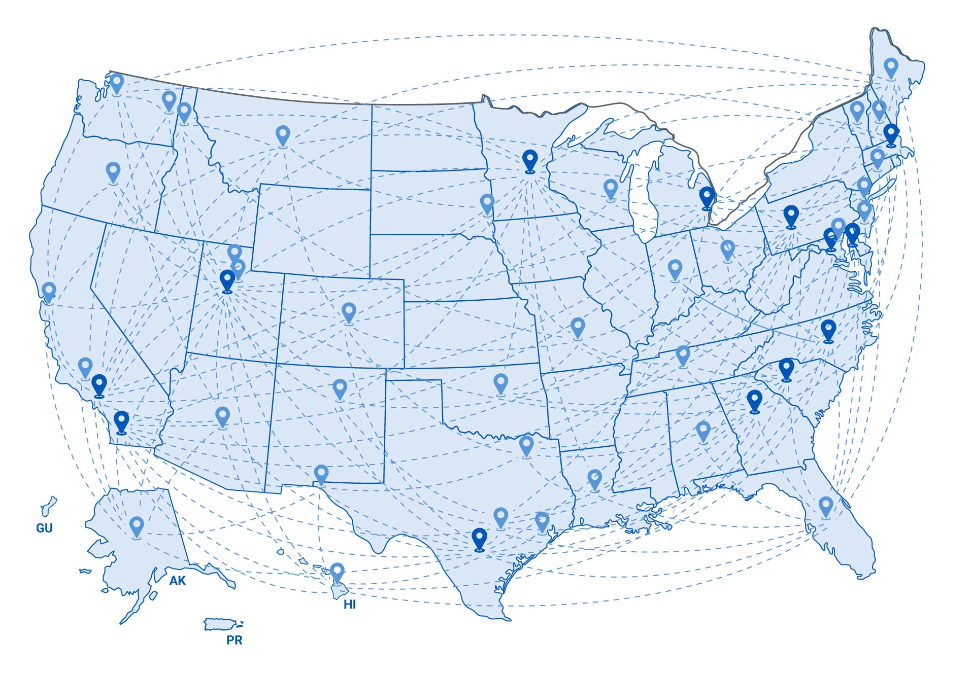 United States map that shows locations of Insight Net partners indicated by blue push pin icons.