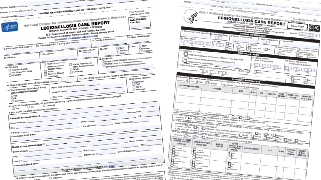 An image of the legionellosis case report forms.