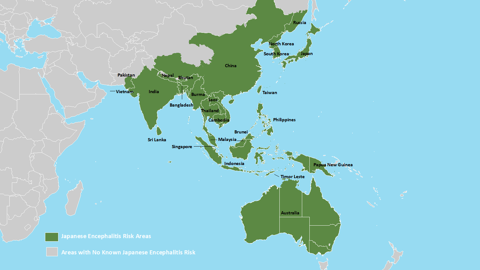 Map of countries in which Japanese encephalitis virus has been identified