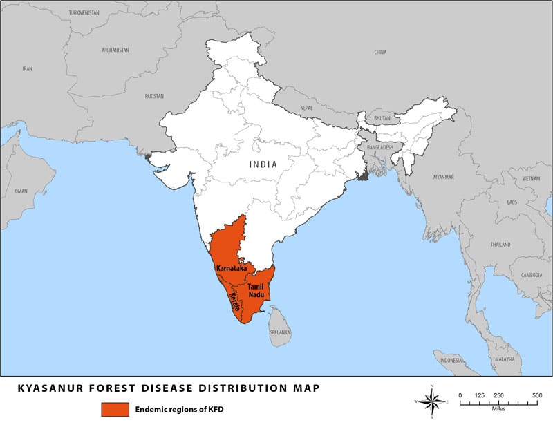 Map showing the areas where Kyasanur Forest Disease can be found.