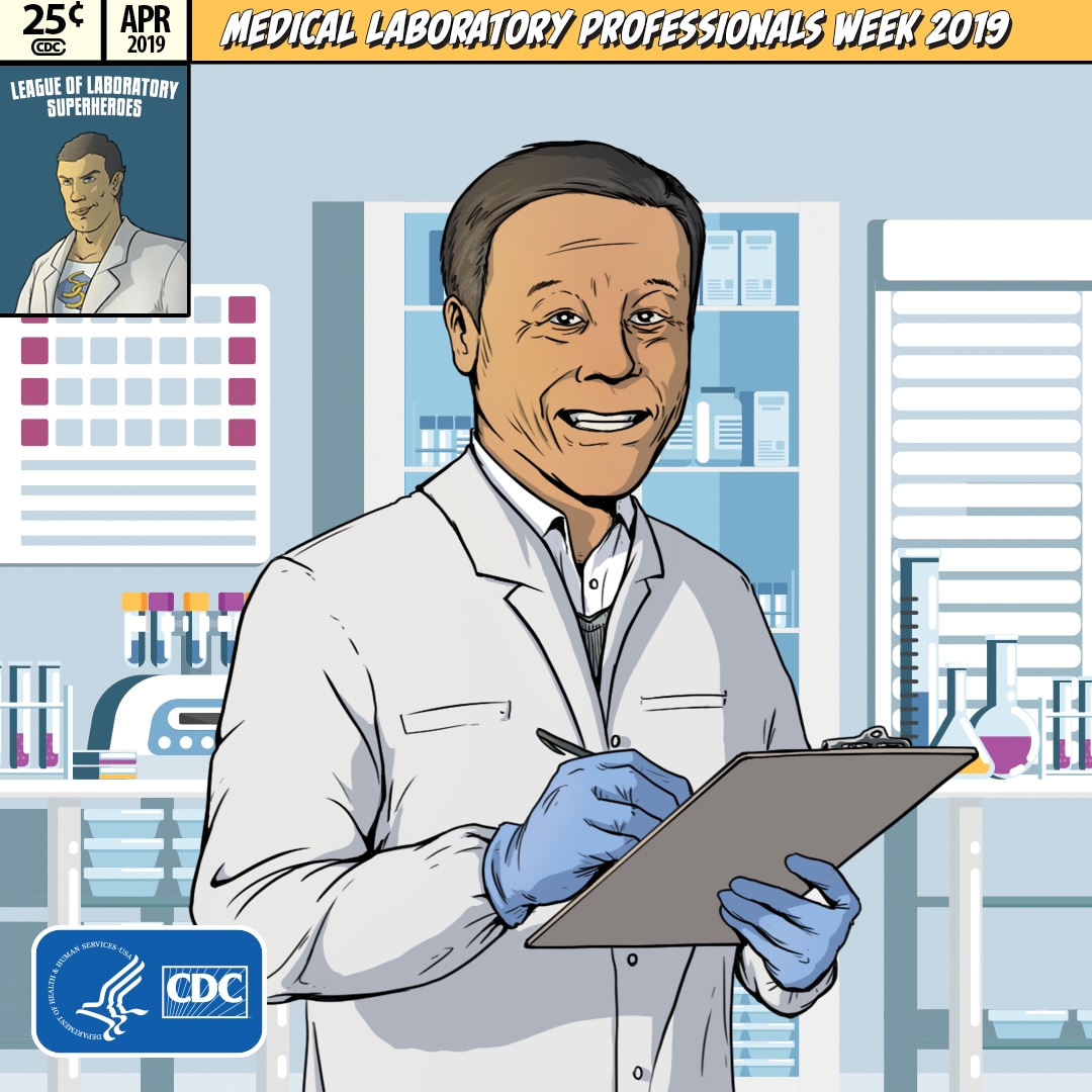 An animated image of James Pusavat in a lab coat, smiling, and holding a clipboard