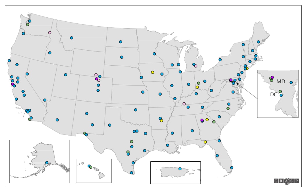 A gray map of the North American continent with states in white and dots where LRN laboratories are located.