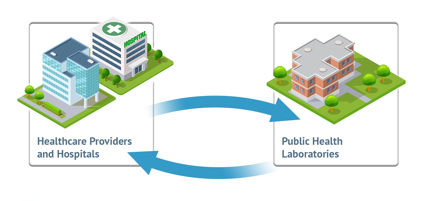 Arrows cycling between graphic of hospital and a laboratory.