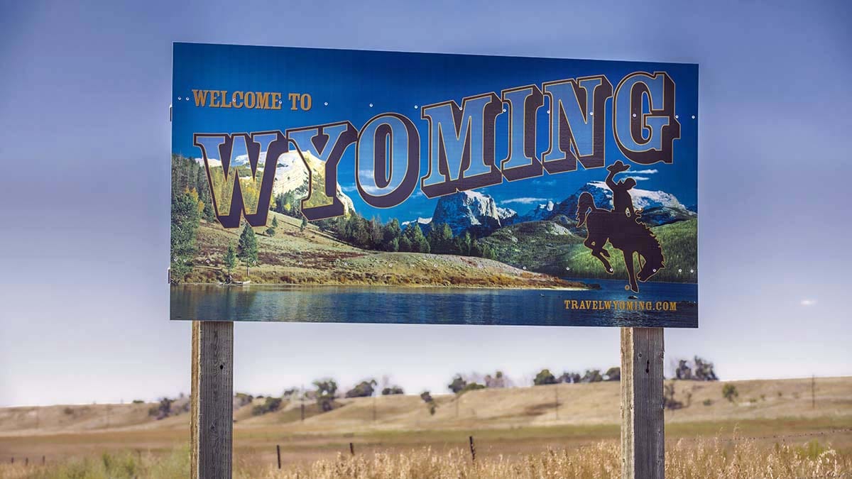 Decorative roadside sign states welcome to Wyoming
