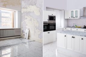 Side by side images showing the before and after of a kitchen renovation