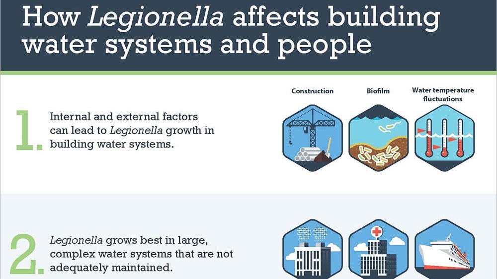 A visualization of how Legionella affects building water systems and people.