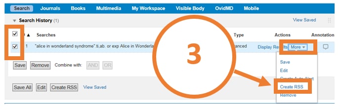 Screen shot of Ovid Search Alert showing the "more" drop down menu and the "create RSS" button.