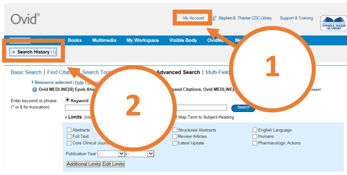 Screen shot of Ovid Search Alert showing the "my account" and the "search history" buttons.