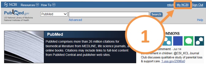 Screen shot of Pub Med homepage showing location of "MyNCBI" link.