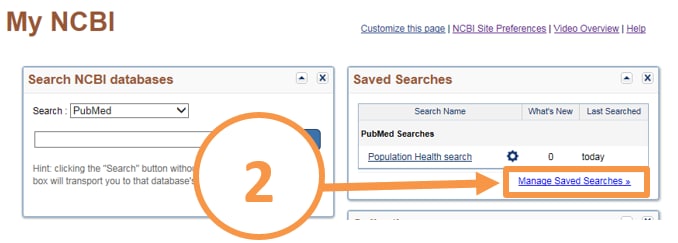 Screen shot of My NBI page showing location of "Manage Saved Searches" link.