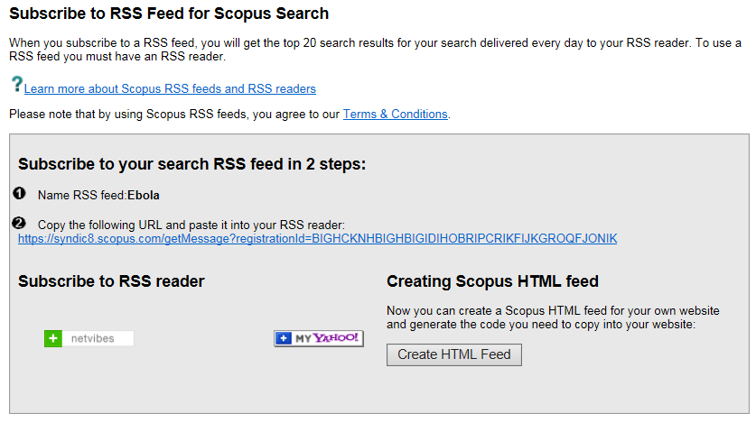 Screen shot of RSS feed subscription page for Scopus search.