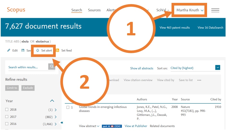 Screen shot of Scopus page showing location of "set alert" button.