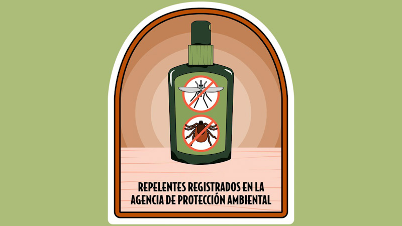 Frasco de repelente con las palabras: «Repelentes registrados en la Agencia de Protección Ambiental».