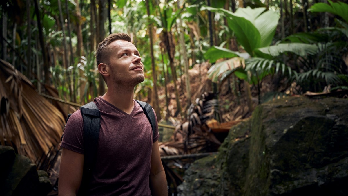 A young man explores a lush tropical forest.