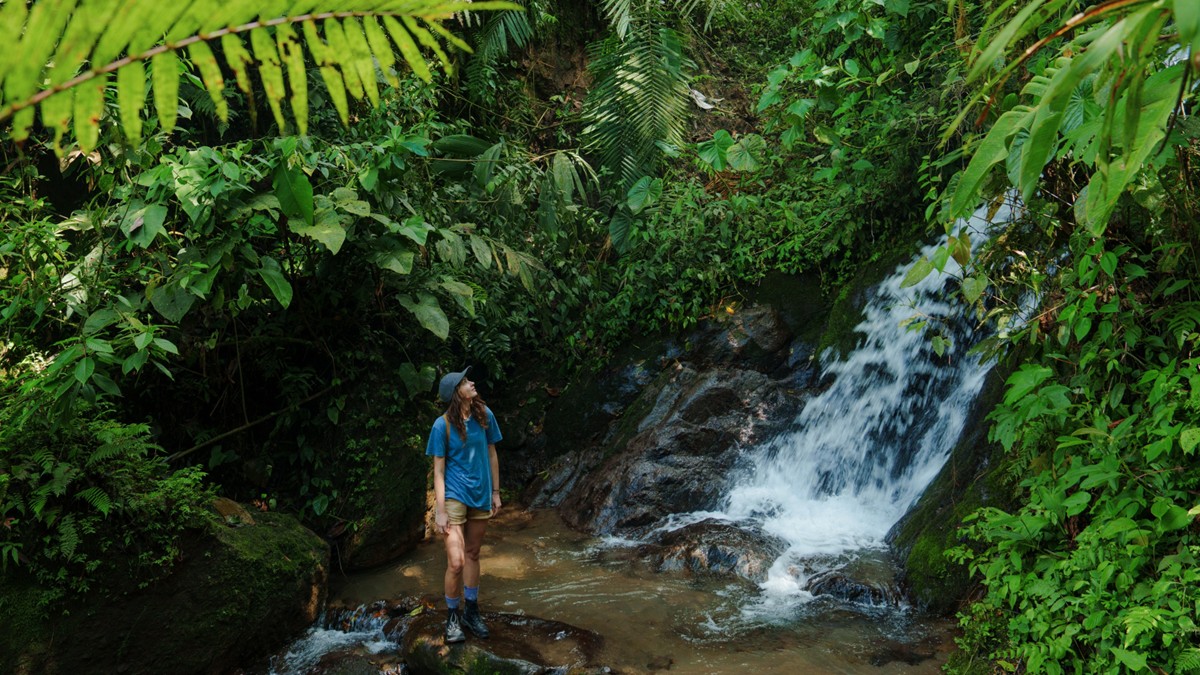 A woman hiking in the Ecuador jungle views a waterfall.