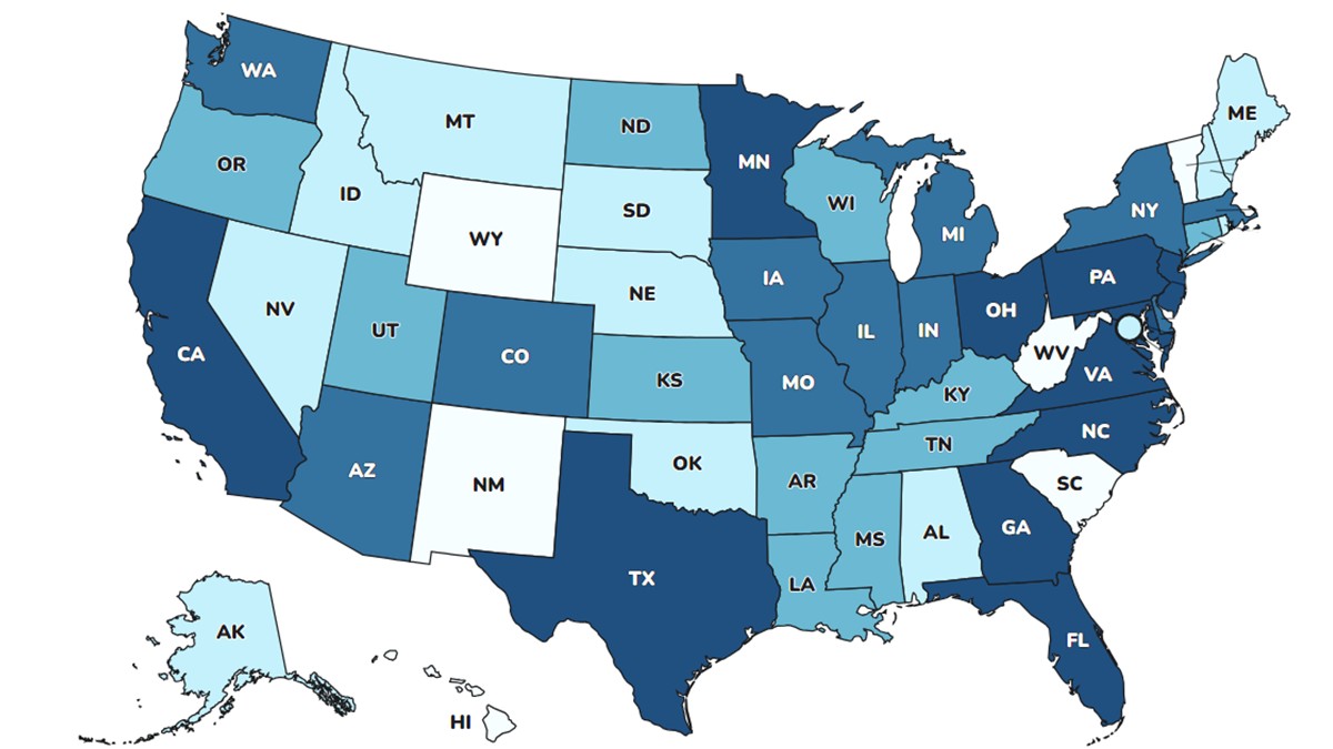 United States map showing the malaria cases for the year 2020.