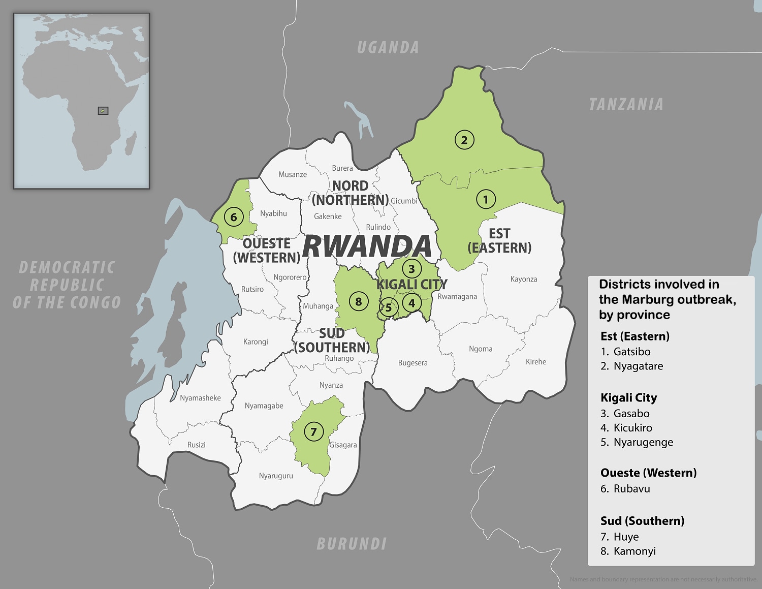 Districts involved in the Marburg outbreak, by province. Est (Eastern): 1. Gatsibo 2. Nyagatare. Kigali City: 3. Gasabo 4. Kicukiro 5. Nyarugenge Oueste (Western): 6. Rubavu Sud (Southern): 7. Huye 8. Kamonyi