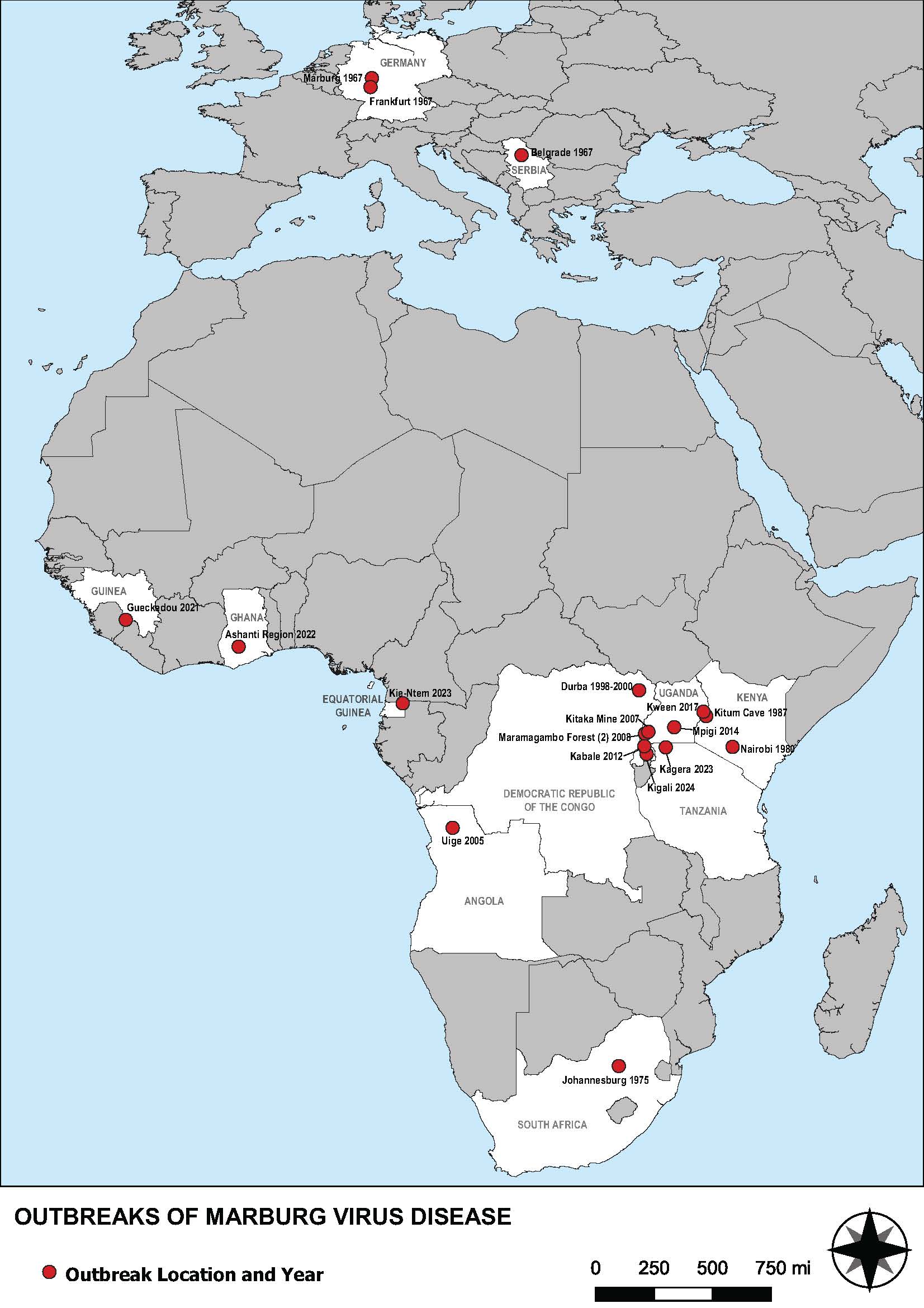 a map showing Marburg outbreak locations