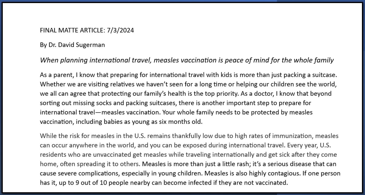 Snapshot of measles article