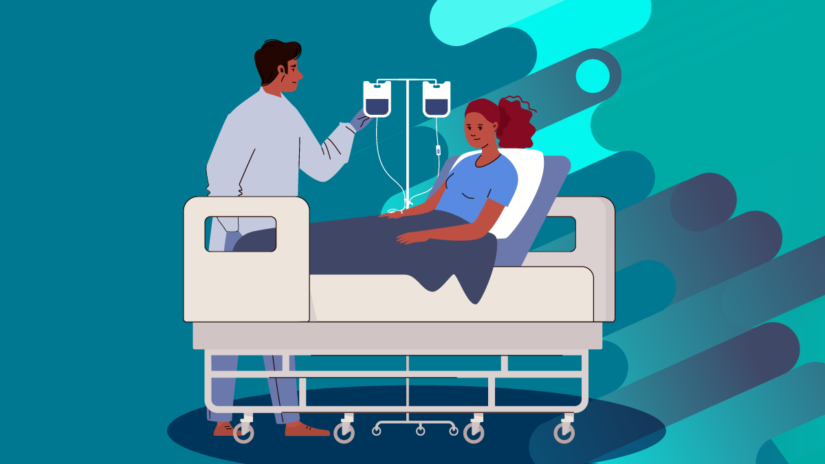 Illustration showing a doctor medically treating a patient in bed.