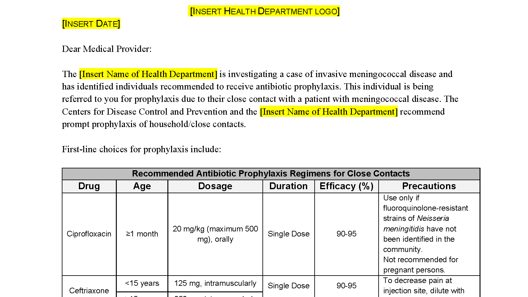 Screenshot of prophylaxis template letter