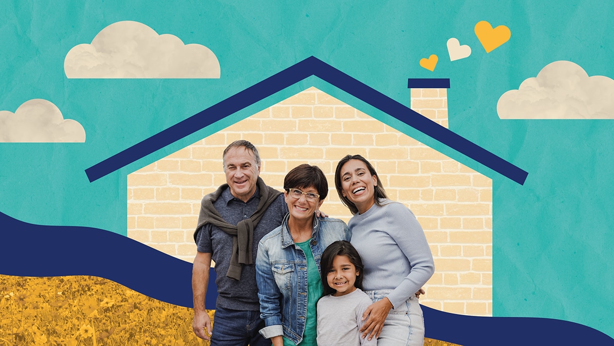 Three adults, one child standing together in front of a house. Hearts are coming up from the chimney.