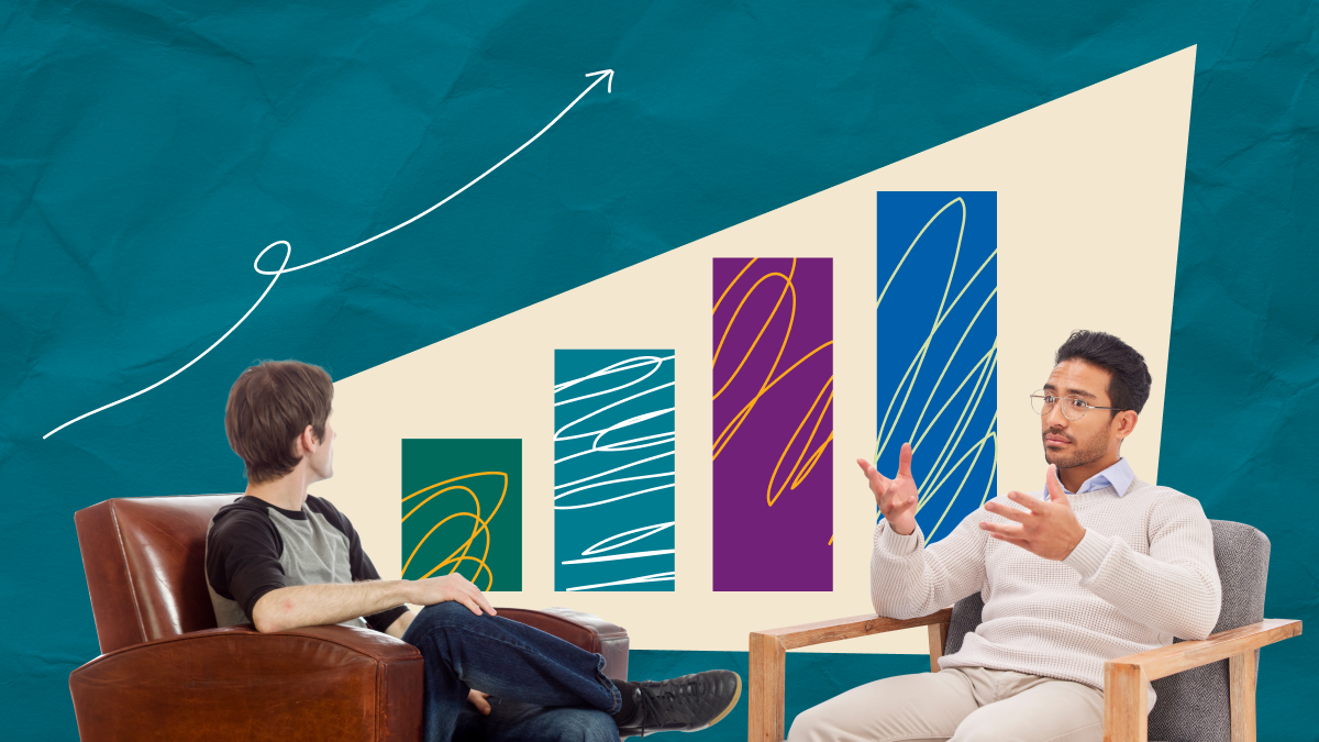 Depicts counseling session with abstract bar chart in the background