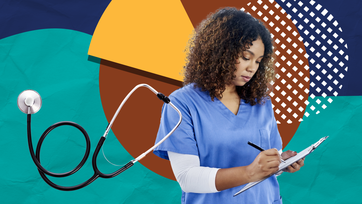 Stethoscope and a health care provider writing in a chart