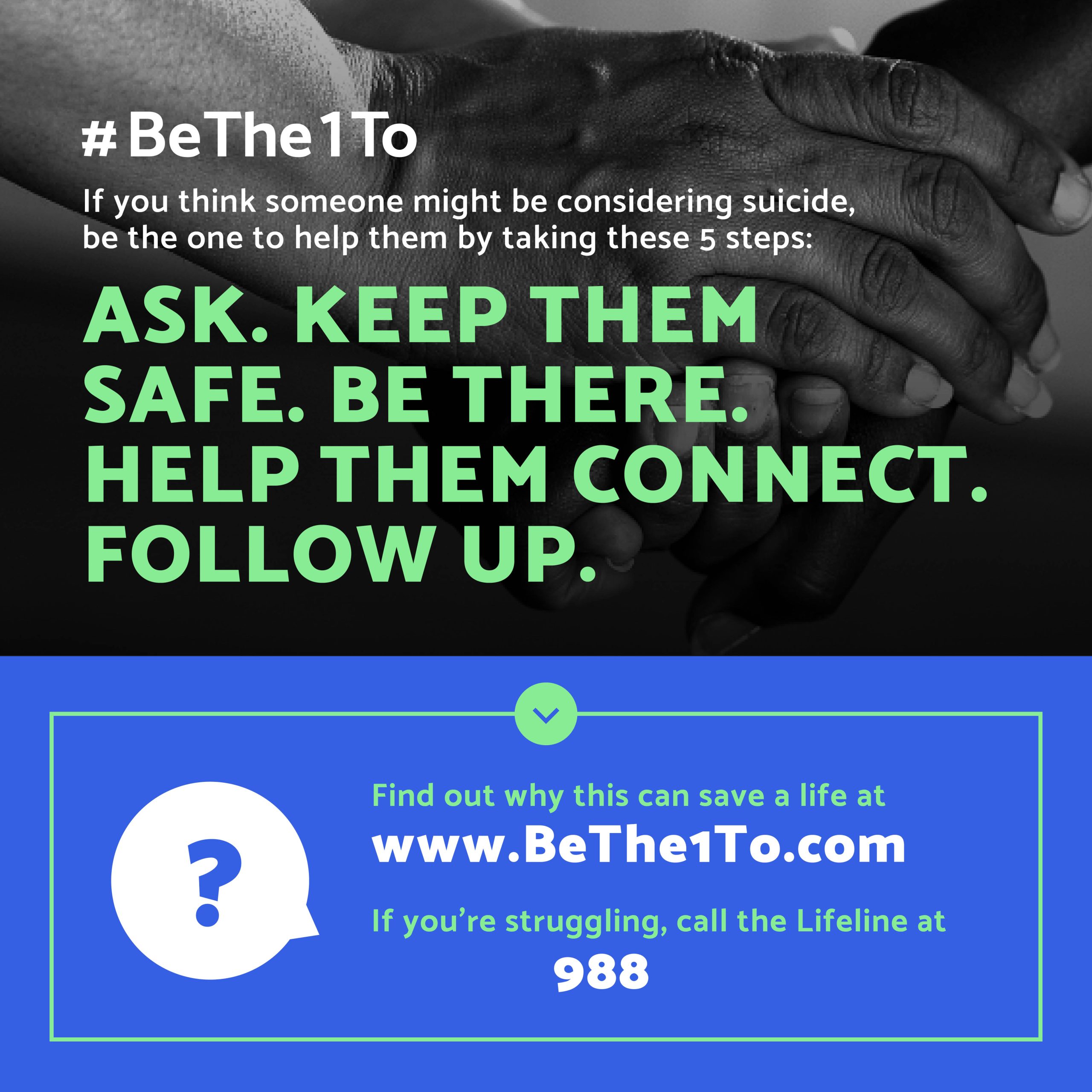 Be the one to ask, keep them safe, be there, help them connect, follow up.