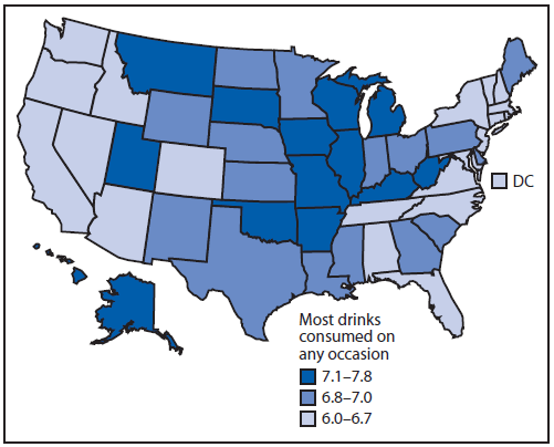 This figure is a map of the United States that presents the intensity (the average largest number of drinks consumed by binge drinkers on any occasion during the past 30 days), by state, during 2011, as reported by the Behavioral Risk Factor Surveillance System (BRFSS).