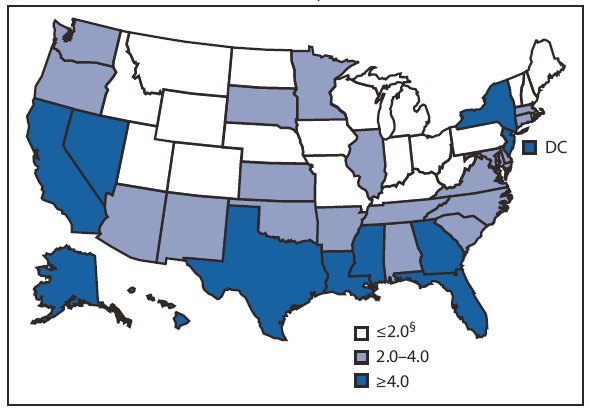 The figure shows the rate of tuberculosis (TB) cases, by state/area in the United States in 2009. In 2009, TB rates in 51 reporting areas ranged from 0.4 (Wyoming) to 9.1 (Hawaii) cases per 100,000 population (median: 2.7 cases per 100,000 population). Thirty-six states and the District of Columbia had lower rates in 2009 than 2008; 14 states had higher rates. Four states (California, Florida, New York, and Texas) reported more than 500 cases each for
2009. Combined, these four states accounted for approximately half (50.3% [5,801]) of all TB cases in 2009. 
