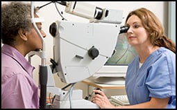 The figure shows a health care professional checking a patient’s vision in a clinic. 