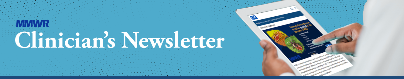 The graphic reads, “MMWR Clinician’s Newsletter,” with an image of a clinician reading a report on a tablet.