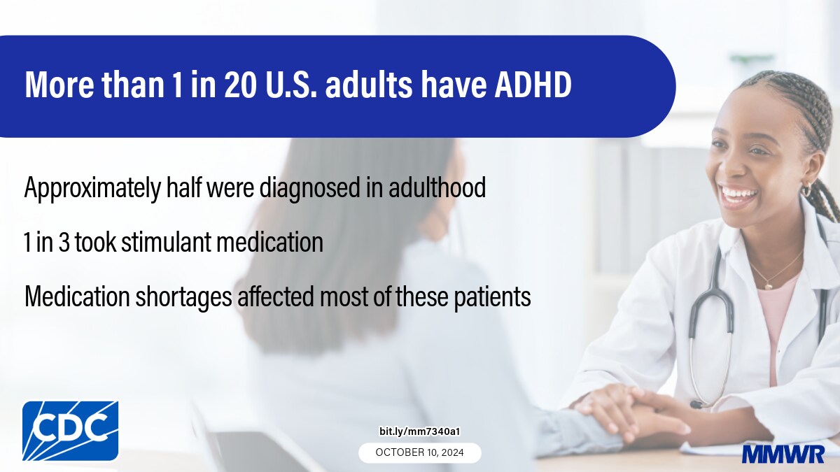 Graphic showing a healthcare provider holding a patient’s hand. Text reads:  “More than 1 in 20 U.S. adults have ADHD. Approximately half were diagnosed in adulthood. 1 in 3 took stimulant medication. Medication shortages affected most of these patients.”