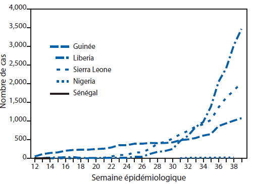 Texte alternatif : la figure ci-dessus est un diagramme à barres illustrant le nombre cumulé de cas de maladie à virus Ébola signalés dans cinq pays en Afrique de l’Ouest entre le 29 mars et le 20 septembre 2014. Selon les dernières mises à jour de l’OMS, 6 574 cas d’Ébola au total ont été signalés à la date du 23 septembre dans cinq pays d’Afrique de l’Ouest (Guinée, Liberia, Nigeria, Sénégal et Sierra Leone). Les nombres les plus élevés de cas signalés provenaient du Liberia (3 458), de la Sierra Leone (2 021) et de la Guinée (1 074).