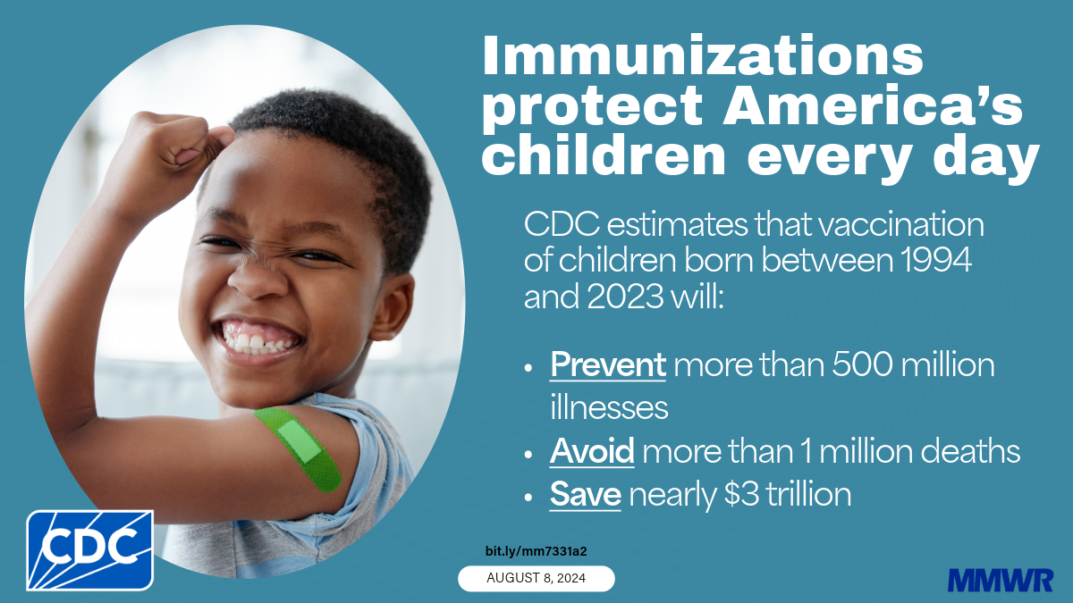 The image shows a smiling child with a bandage on his arm and text that reads, &ldquo;Immunizations protect America&rsquo;s children every day.&rdquo;