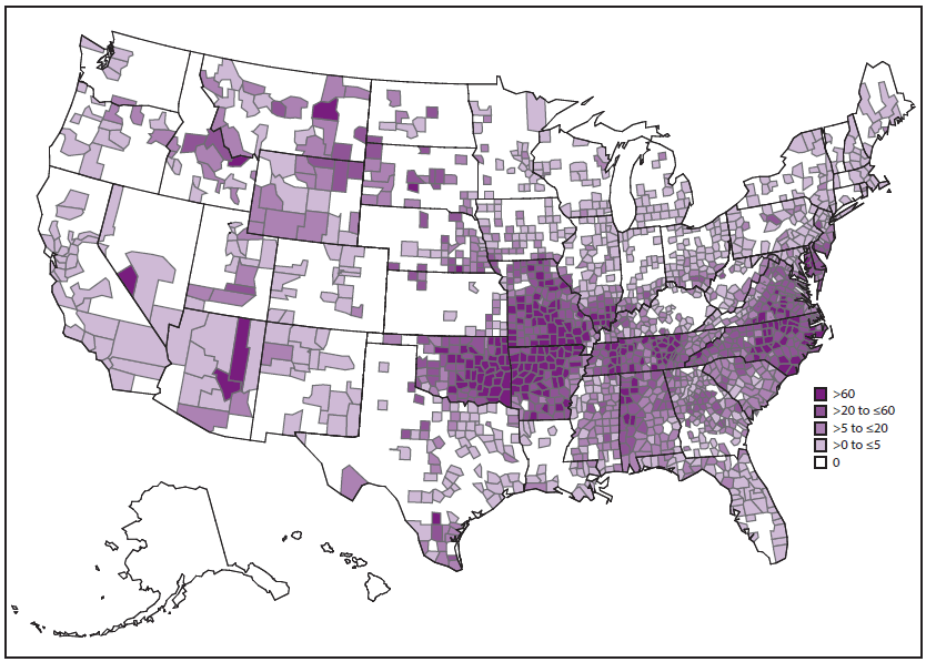 rr6502a1f1.gif This figure is a map showing the reported incidence rate of spotted fever rickettsiosis, by county, in the United States during 2000–2013 as reported through national surveillance, per 1,000,000 persons per year. Cases are reported by county of residence, which is not always where the infection was acquired. Includes Rocky Mountain spotted fever (RMSF) and other spotted fever group rickettsioses. In 2010, the name of the reporting category changed from RMSF to spotted fever rickettsiosis.