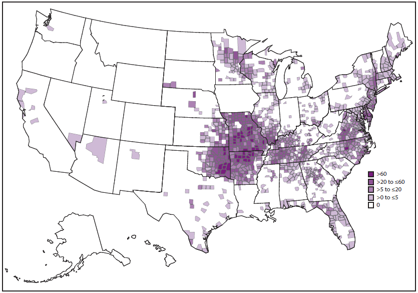 rr6502a1f11.gif This figure is a photograph showing the reported incidence rate of Ehrlichia chaffeensis ehrlichiosis, by county, in the United States during 2000–2013, as reported through national surveillance, per 1,000,000 persons per year. Cases are reported by county of residence, which is not always where the infection was acquired.