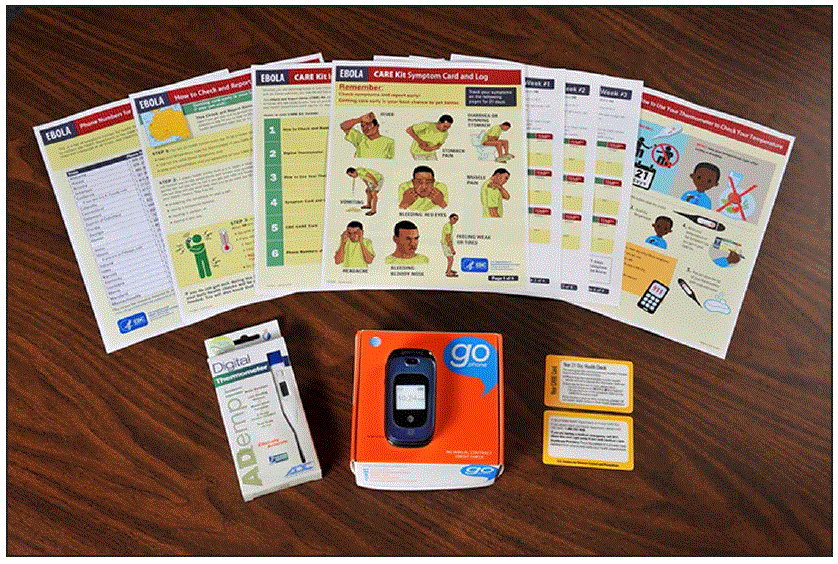 su6503a9f1.gif The Check and Report Ebola kit contained printed information on identifying symptoms, how to check and report temperature, and who to call with questions or to report symptoms; a digital thermometer; a cell phone; and a quick-reference card.
