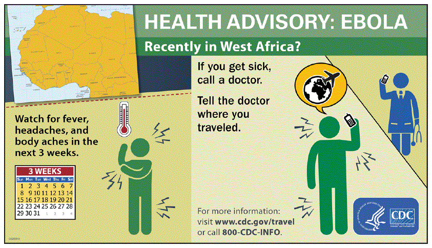 su6503a9f4.gif Messages displayed on electronic message boards in United States airports for persons who had traveled to countries with Ebola outbreaks advised them to call a doctor if they felt sick, to tell the doctor they had recently been in a country with Ebola, and to look for health information on the CDC Travelers’ Health Website (http://www.cdc.gov/travel) or to call CDC’s public information hotline (800-CDC-INFO).