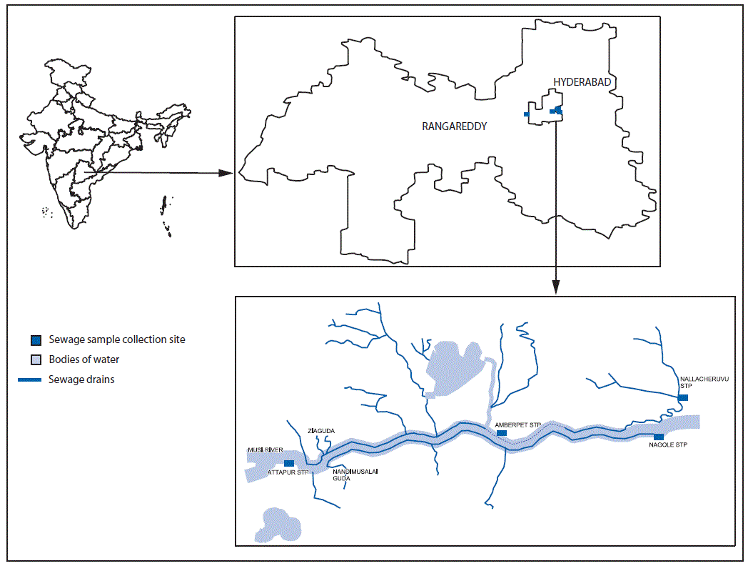 m6533a5f.gif The figure above is a map showing sewage sample collection sites for the Hyderabad and Rangareddy Districts of India during May 2016.