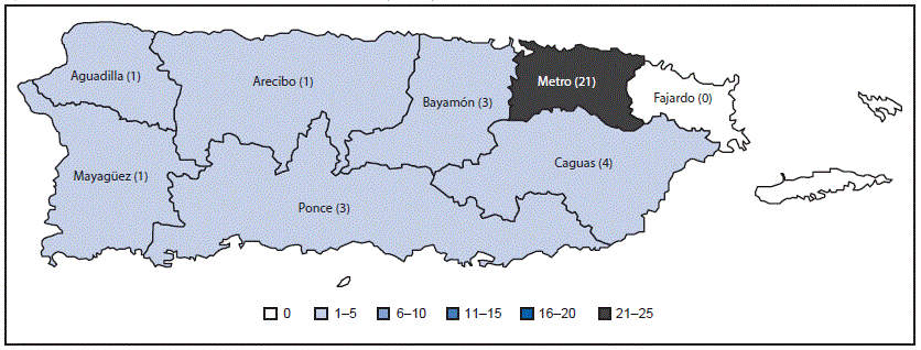 m6534e1f2.gif The figure above is a map of Puerto Rico showing reported cases of confirmed and suspected Guillain-Barré syndrome in persons with evidence of Zika virus or flavivirus infection, by public health region of residence, during January 1–July 31, 2016.