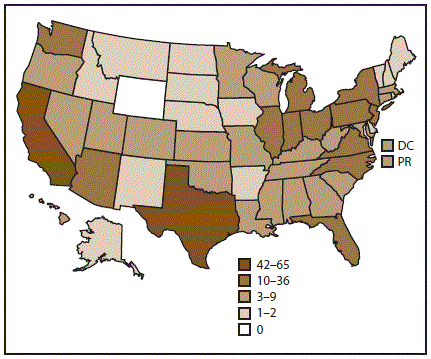 s6606a1f1.gif Map indicates the location and number of assisted reproductive technology clinics in the United States and Puerto Rico in 2014. In 2014, a total of 458 clinics submitted data to CDC.