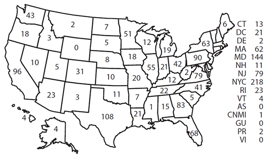 s6612a1f2.gif Map of the United States shows the number of malaria cases diagnosed in each state and territory in 2014.