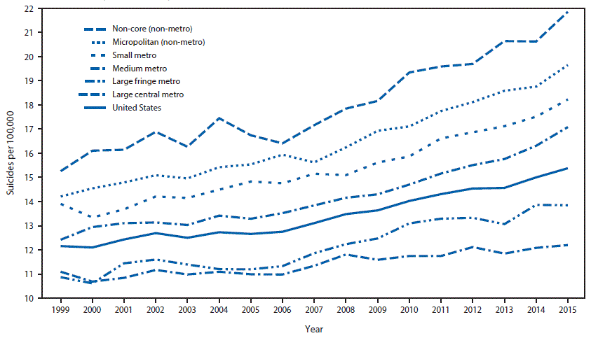 m6610a2f.gif The figure above is a line chart showing suicide rates by level of county urbanization in the United States during 1999â2015.