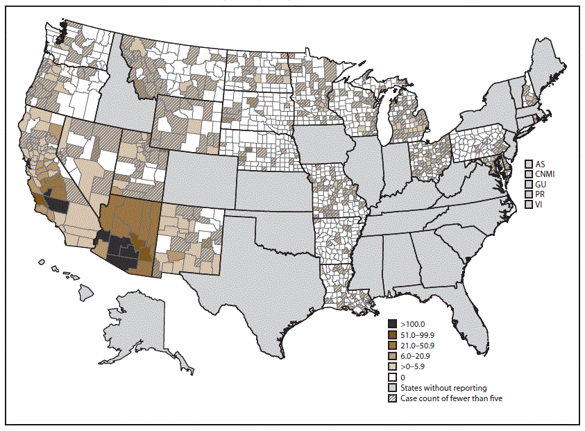 ss6807a1-F2 This figure is a map showing the average annual incidence of coccidioidomycosis during 2011–2017, shaded at the county level. The average annual incidence was highest in Maricopa County (166.0 per 100,000 population), Pinal County (150.7), and Pima County (120.3).