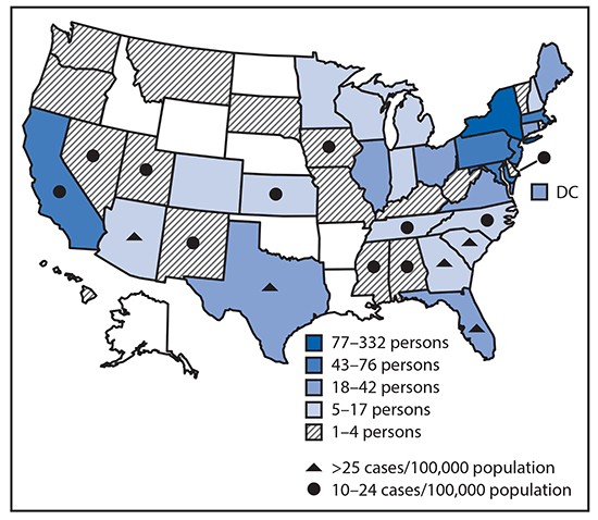 The figure is a map of the United States showing camp population, by home state and by 7-day daily average rate of SARS-CoV-2 infection in home state as calculated on July 1, 2020, for four overnight camps, in Maine, during June–August 2020.