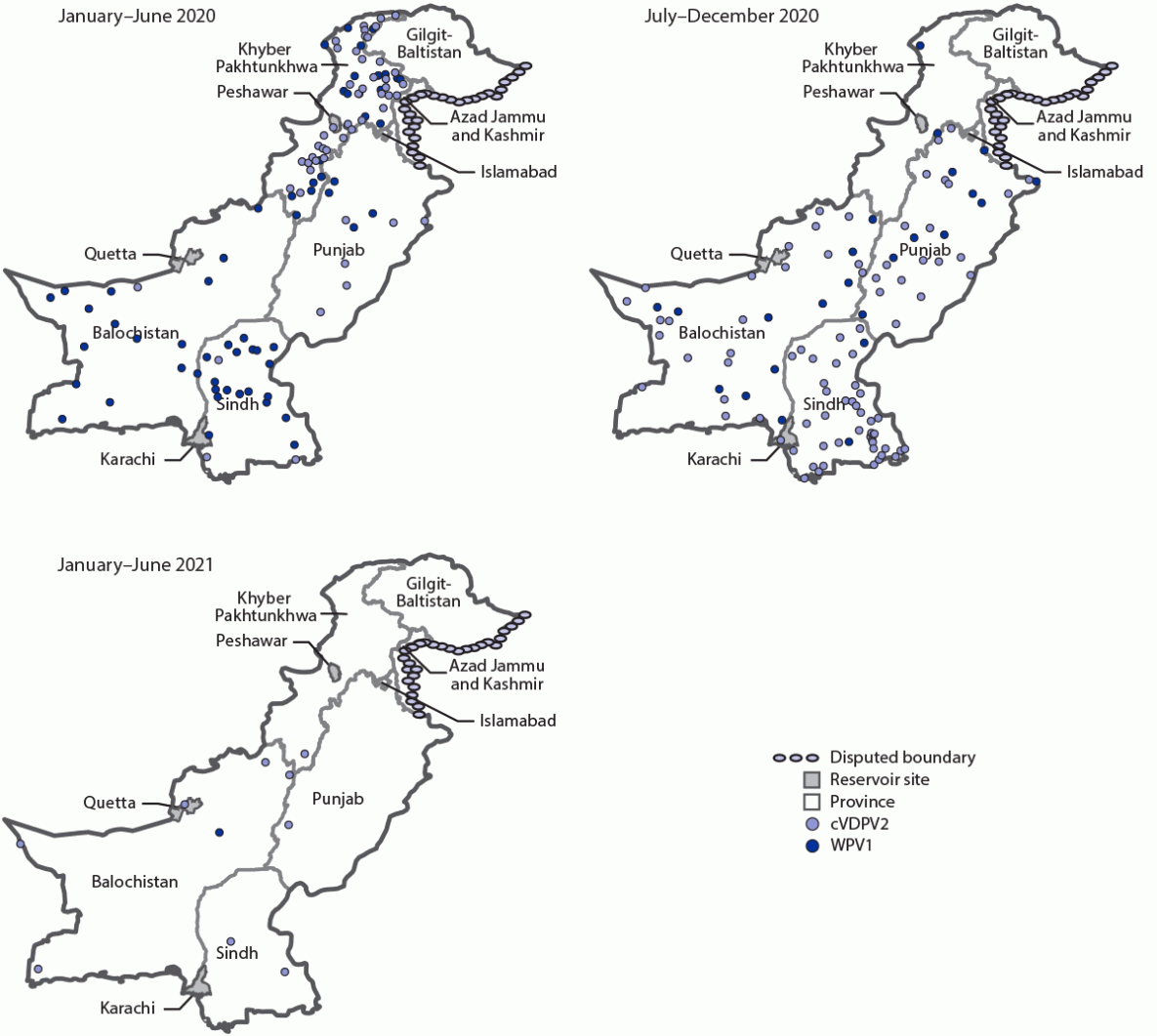 Progress Toward Poliomyelitis Eradication — Pakistan, January 2020–July 2021 The figure comprises three maps showing the location of cases of wild poliovirus type 1 and circulating vaccine-derived poliovirus type 2, by province and period, in Pakistan during January 2020–June 2021.