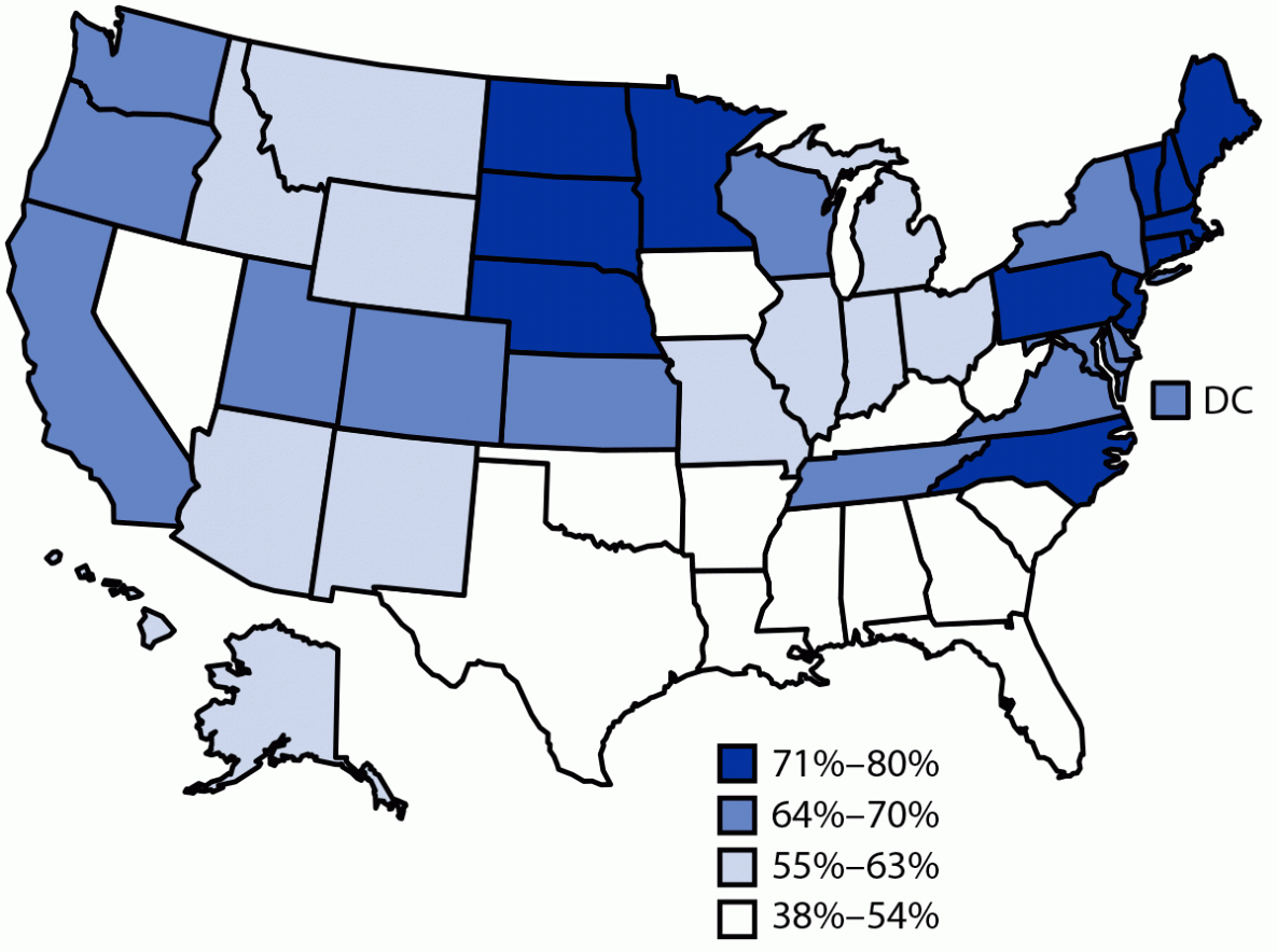 Vaccination Coverage by Age 24 Months Among Children Born in 2017 and 2018 — National Immunization Survey-Child, United States, 2018–2020 The figure is a map of the United States showing estimated vaccination coverage with two or more doses of influenza vaccine by age 24 months among children born during 2017–2018.