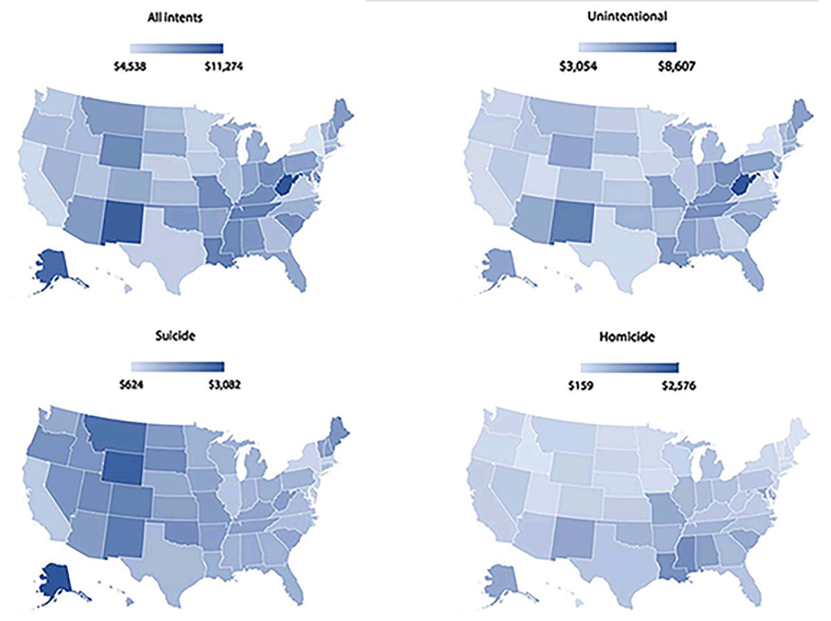 State-Level Economic Costs of Fatal Injuries — United States, 2019 This figure comprises four maps that show state-level injury costs per capita by intent for the United States in 2019.
